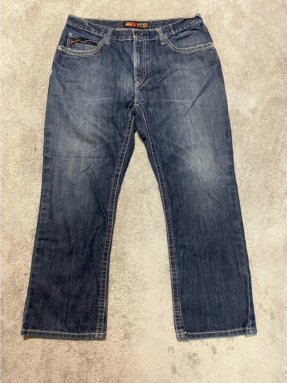 Ariat FR M4 Work Jeans Mens 38x30 Low Rise Boot Cut Blue Flame Resistant CAT 2